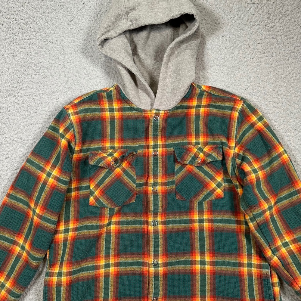 LL Bean Fleece Lined Plaid Flannel Hoodie Shirt Jacket Kids Large 14-16 Outdoor - Picture 10 of 16